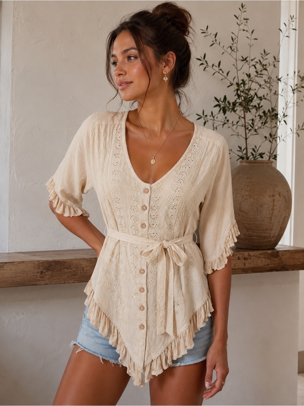 My Choice Women’s Boho Embroidered Tie Waist Ruffle Top-100% Rayon. Size: Large